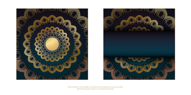 Plantilla de tarjeta de felicitación con color azul degradado con lujosos adornos dorados preparados para imprimir.