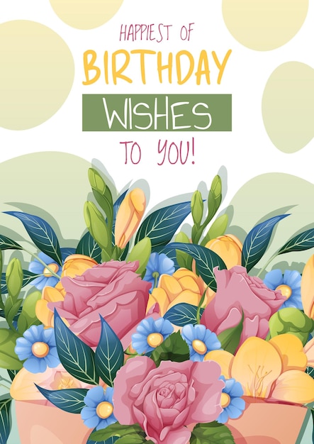 plantilla de tarjeta de felicitación de cumpleaños folleto de bandera con un ramo de flores de rosas y freesia feliz cumpleaños diseño de invitación para fiesta de aniversario de vacaciones