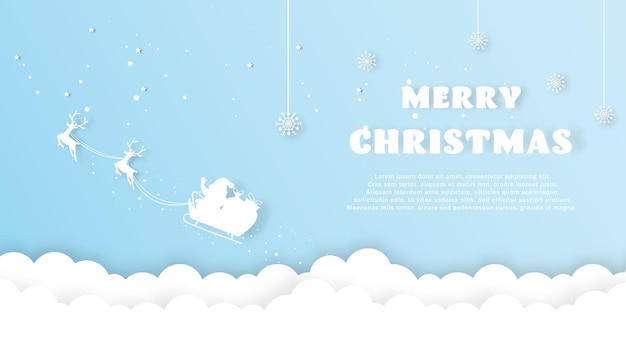 Plantilla de tarjeta de felicitación de decoración de Navidad. Feliz Navidad con santa claus en trineo. corte de papel. ilustración vectorial.