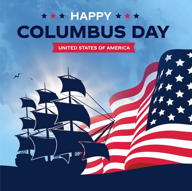 plantilla de tarjeta de felicitación del día de Colón con bandera de Estados Unidos vector de redes sociales
