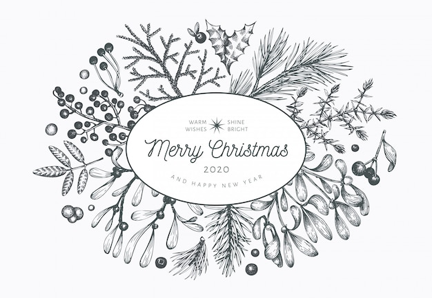Plantilla de tarjeta de felicitación dibujada a mano de Navidad. Ilustración de estilo vintage