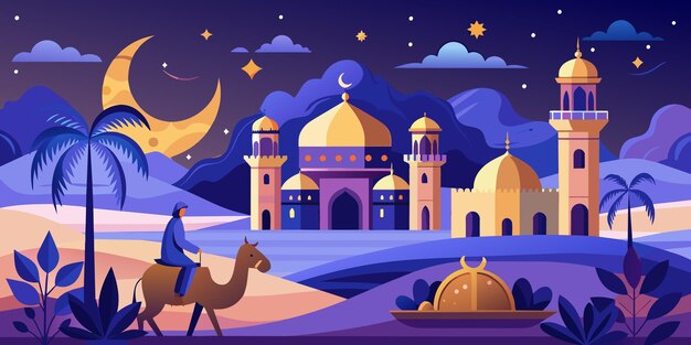 plantilla de tarjeta de felicitación de Eid Mubarak noche ilustrar