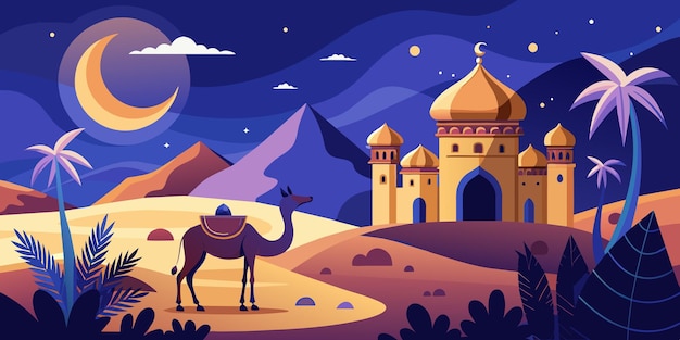 plantilla de tarjeta de felicitación de Eid Mubarak noche ilustrar