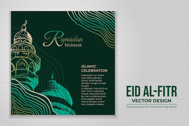 Plantilla de tarjeta de felicitación eid mubarak o eid al-fitr dibujada a mano