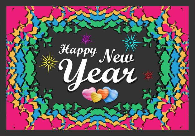 plantilla de tarjeta de felicitación de feliz año nuevo aislada en estilo de corte de papel de fondo abstracto colorido desordenado