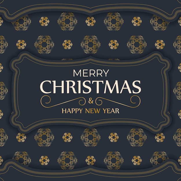 Plantilla de tarjeta de felicitación de feliz año nuevo en azul oscuro con patrón dorado de invierno