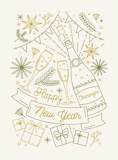 Plantilla de tarjeta de felicitación de feliz año nuevo con botella de vino espumoso y vasos