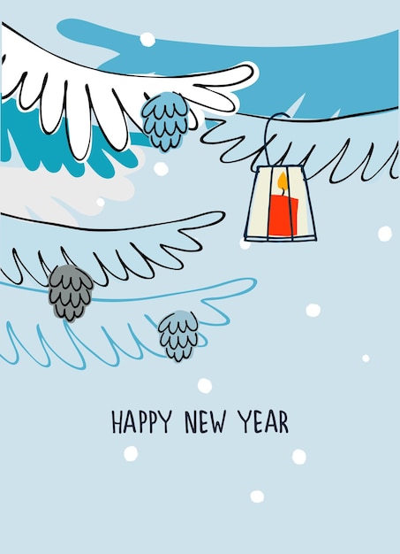 Plantilla de tarjeta de felicitación de feliz año nuevo Diseño minimalista con letras a mano copos de nieve linterna de rama de abeto sobre fondo azul