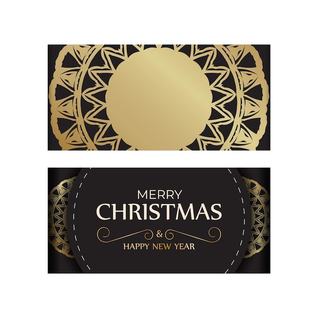 Plantilla Tarjeta de felicitación Feliz Año Nuevo y Feliz Navidad en color negro con patrón dorado
