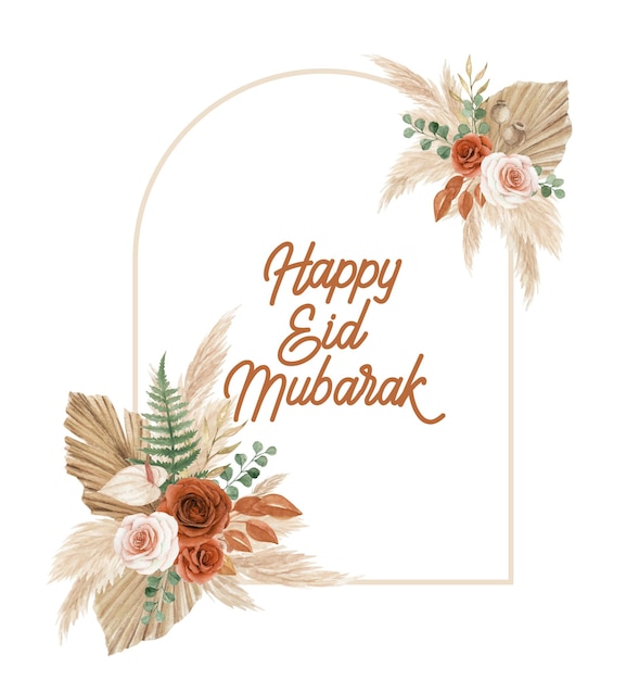 Vector plantilla de tarjeta de felicitación feliz eid mubarak con arco floral bohemio