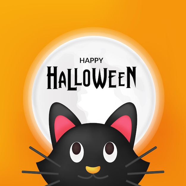Vector plantilla de tarjeta de felicitación de feliz halloween con lindo gato negro con ilustración de luna llena con fondo de noche naranja