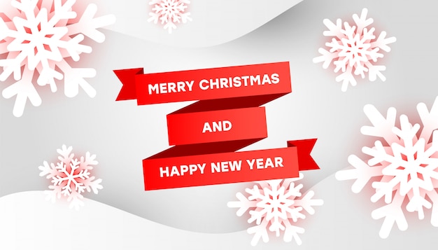 Plantilla de tarjeta de felicitación de feliz navidad y feliz año nuevo con cinta roja, copos de nieve 3d y formas líquidas