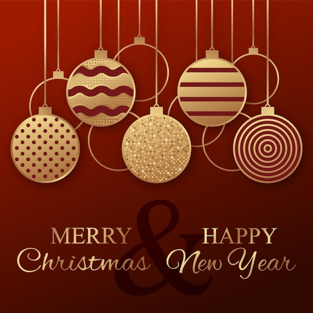 plantilla de tarjeta de felicitación de Feliz Navidad o Feliz Año Nuevo con bolas doradas relucientes sobre un fondo rojo