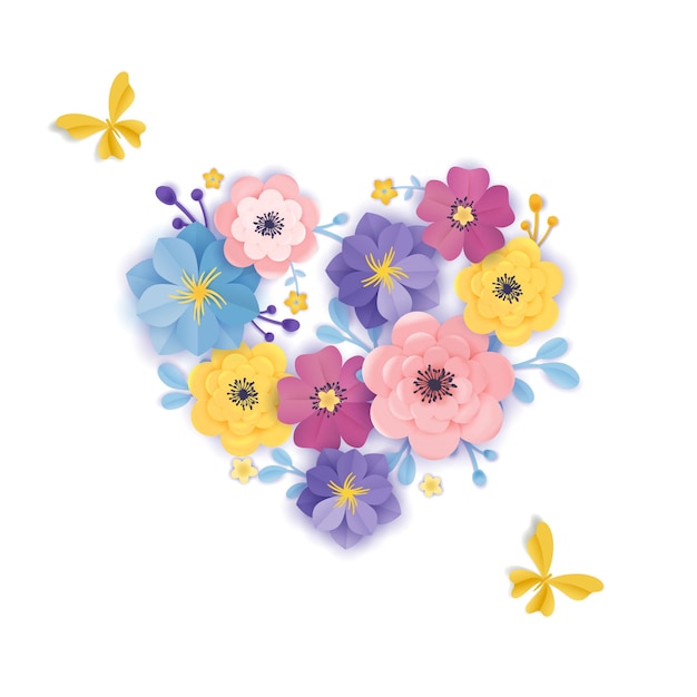 Plantilla de tarjeta de felicitación de flores de corte de papel. Estilo de Origami de corazón de fondo floral. Diseño botánico primavera verano para pancarta, póster. Ilustración vectorial