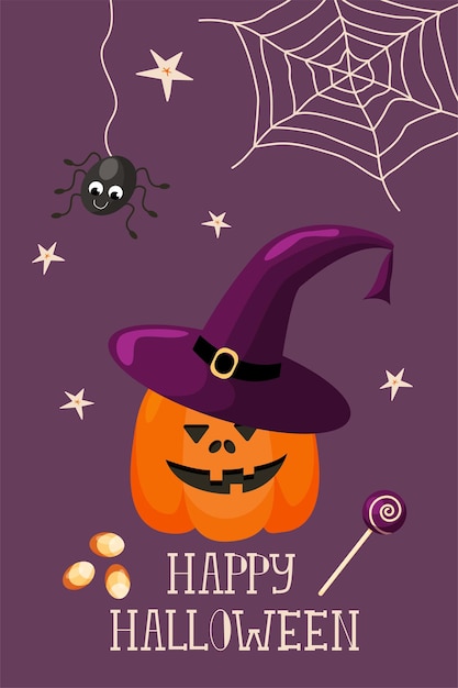 Plantilla de tarjeta de felicitación de Halloween con araña de calabaza y dulces ilustración vectorial
