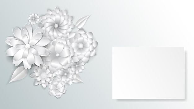 Plantilla de tarjeta de felicitación con hermosas flores de papel de volumen con sombras suaves