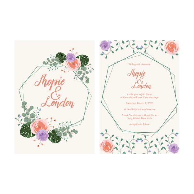 Plantilla de tarjeta de felicitación de invitación de boda floral elegante