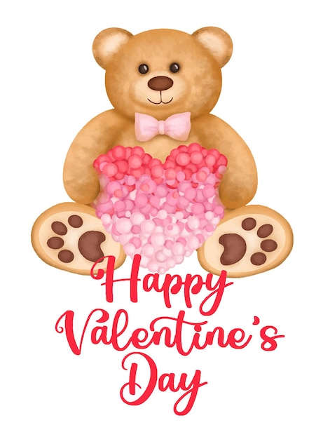 Plantilla de tarjeta de felicitación con lindo oso de peluche con corazón rosa para el día de san valentín