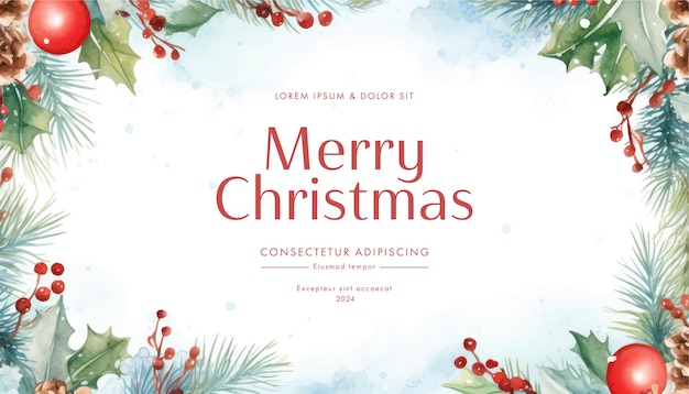 plantilla de tarjeta de felicitación de Navidad con acuarela de ramas de holly y bayas