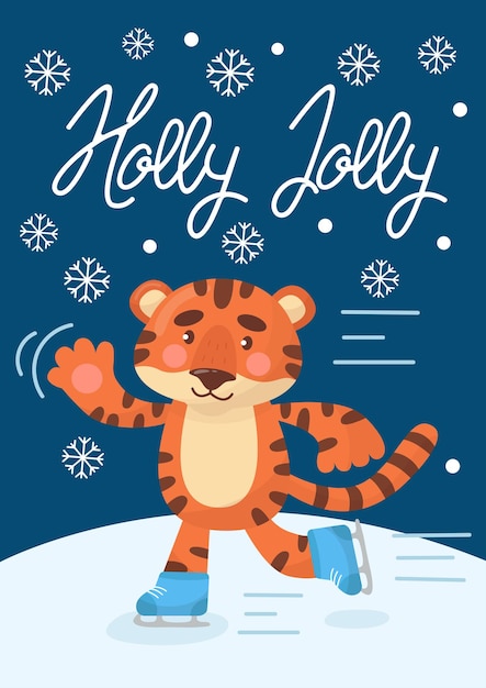 Plantilla de tarjeta de felicitación de Navidad y año nuevo o invitación con tigre lindo que está patinando. El símbolo de 2022. Estilo de dibujos animados de vector.
