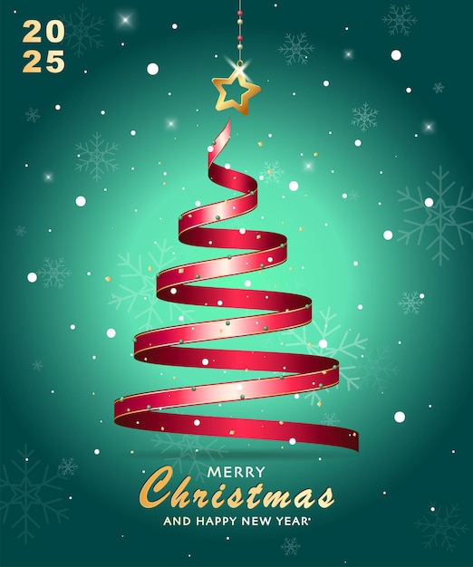 plantilla de tarjeta de felicitación de Navidad con cinta verde árbol de Navidad_estrella dorada en fondo gris