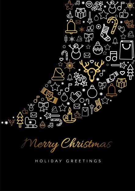 Plantilla de tarjeta de felicitación de Navidad feliz. Blizzard silueta y letras, iconos festivos de Navidad lineales