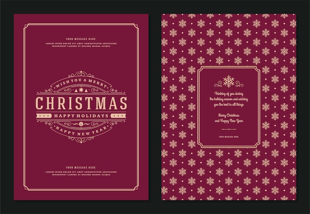 Plantilla de tarjeta de felicitación de Navidad con ilustración de etiqueta de decoración. Feliz Navidad y vacaciones desean texto tipográfico vintage y fondo de patrón.