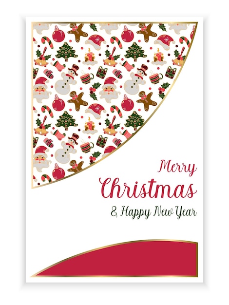 Plantilla de tarjeta de felicitación navideña con decoración de patrones y texto de feliz navidad y feliz año nuevo