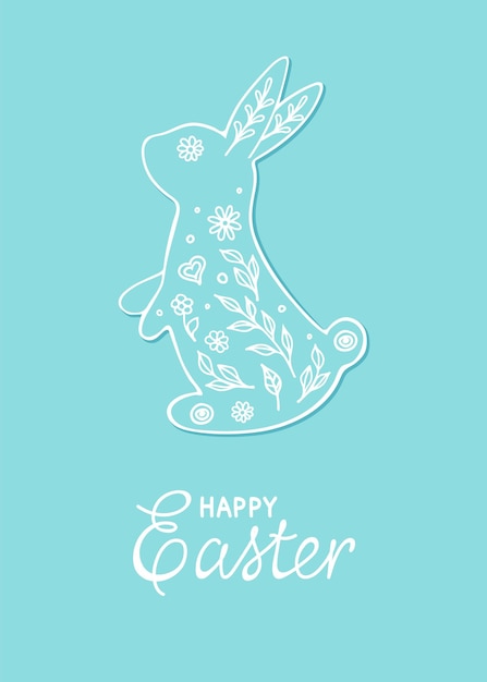 Plantilla de tarjeta de felicitación de Pascua feliz con conejo de flores blancas dibujadas a mano y letras.