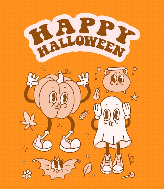 Plantilla de tarjeta de felicitación de personajes de fantasmas y calabazas de estilo retro de moda de Halloween retro de los años 70 Diseño de mascota de Halloween vintage en estilo cómico de dibujos animados Ilustración de vector de contorno