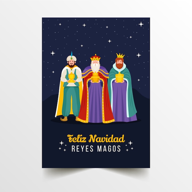 Plantilla de tarjeta de felicitación plana feliz navidad reyes magos