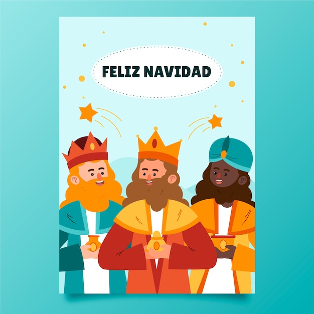 Vector plantilla de tarjeta de felicitación plana feliz navidad reyes magos