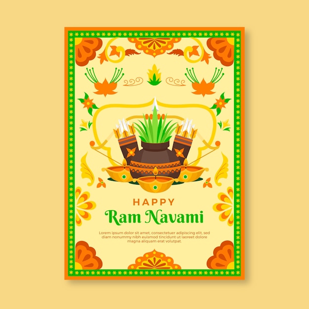 Plantilla de tarjeta de felicitación plana ram navami