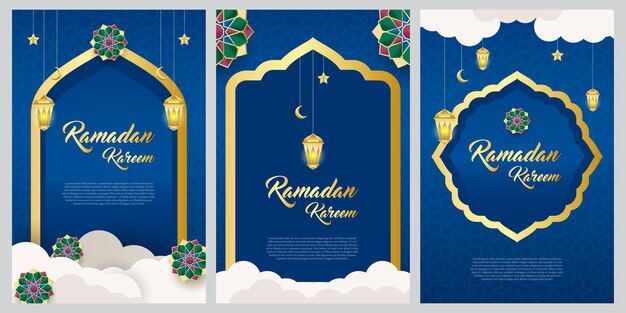plantilla de tarjeta de felicitación de ramadán fondo azul y líneas doradas
