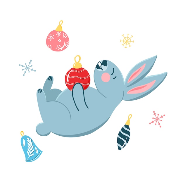 Plantilla de tarjeta de felicitación de vector con un lindo conejito de navidad en estilo de dibujos animados con juguetes de árbol de navidad
