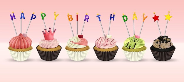 Plantilla de tarjeta de feliz cumpleaños con cupcakes