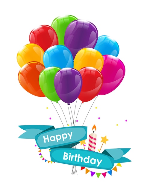 Plantilla de tarjeta de feliz cumpleaños con globos, cinta y vela ve