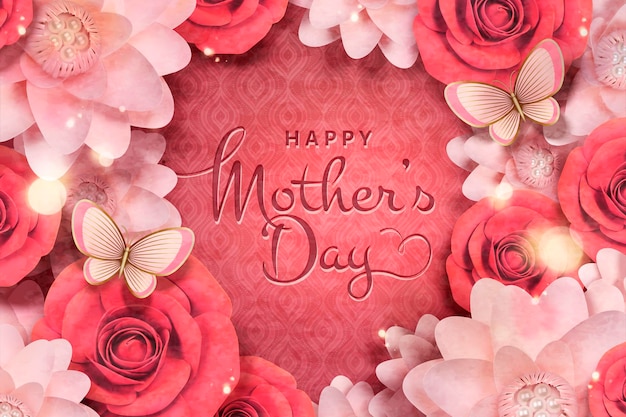 Plantilla de tarjeta de feliz día de la madre con flores de papel y mariposas