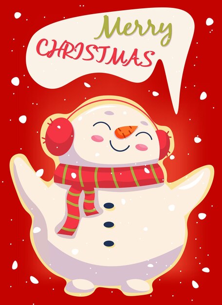 Plantilla de tarjeta de feliz navidad con lindo muñeco de nieve