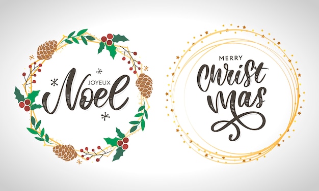 Plantilla de tarjeta de feliz Navidad con saludos en idioma francés. Feliz Navidad