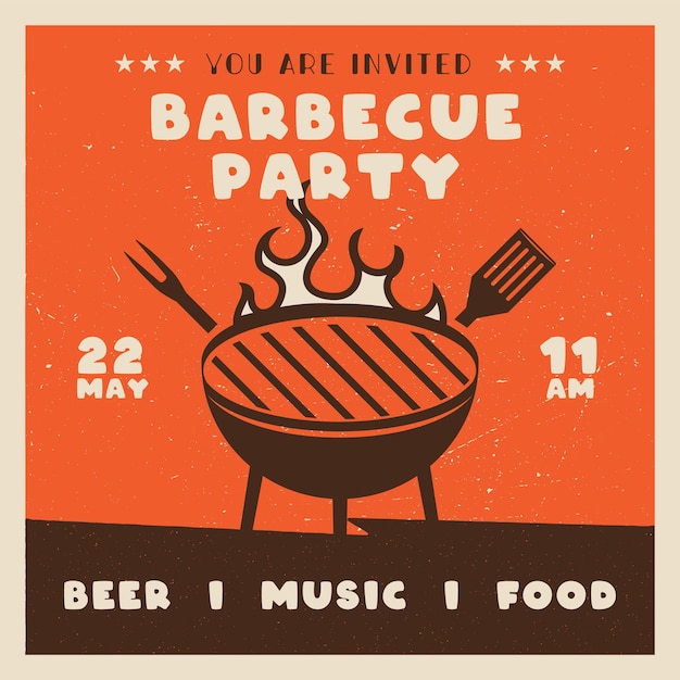 Plantilla de tarjeta de fiesta de barbacoa retro Tarjeta cuadrada de parrilla de barbacoa para marketing en redes sociales Diseño de publicación de barbacoa Folleto de póster de vector de stock