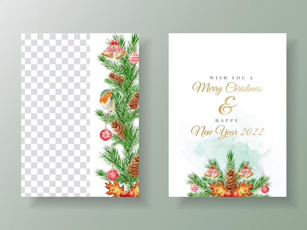 Plantilla de tarjeta hermosa con acuarela floral y adorno navideño