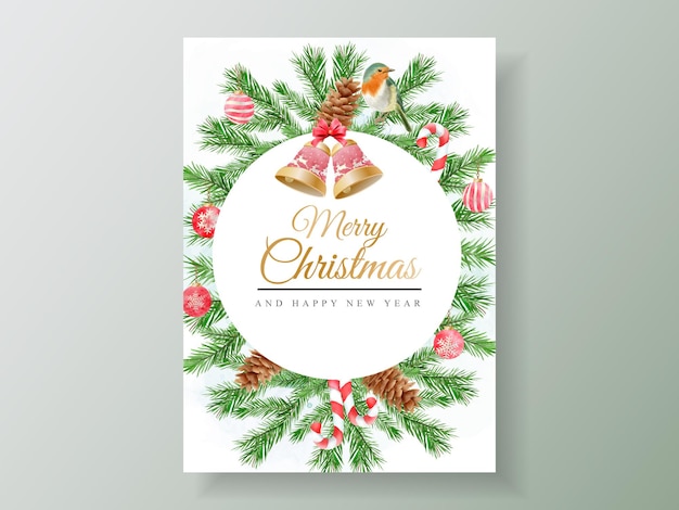 Vector plantilla de tarjeta hermosa con acuarela floral y adorno navideño