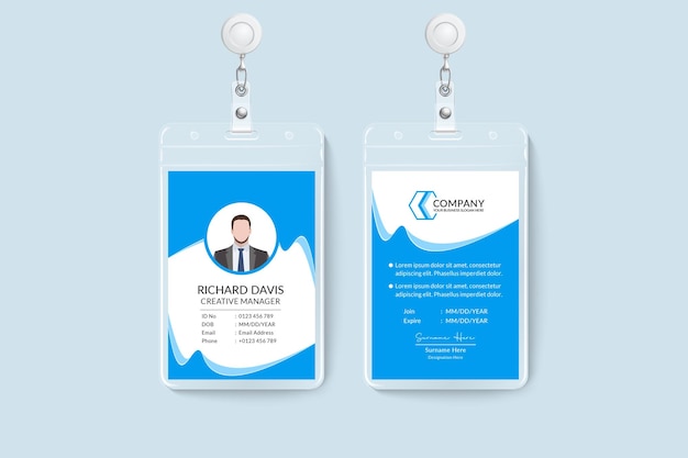 Plantilla de tarjeta de identificación de color azul estilo onda creativa moderna