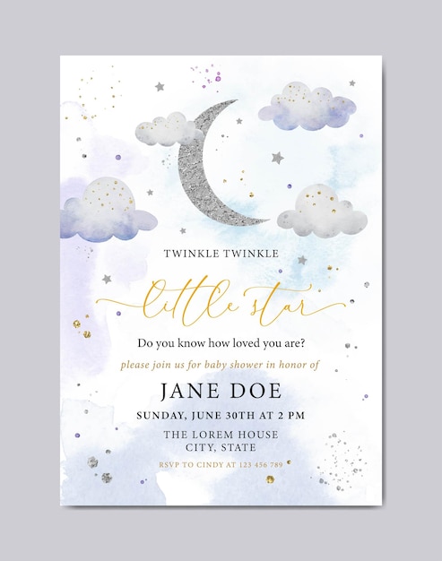 Plantilla de tarjeta de invitación de acuarela de Baby Shower con fondo de estrellas y luna