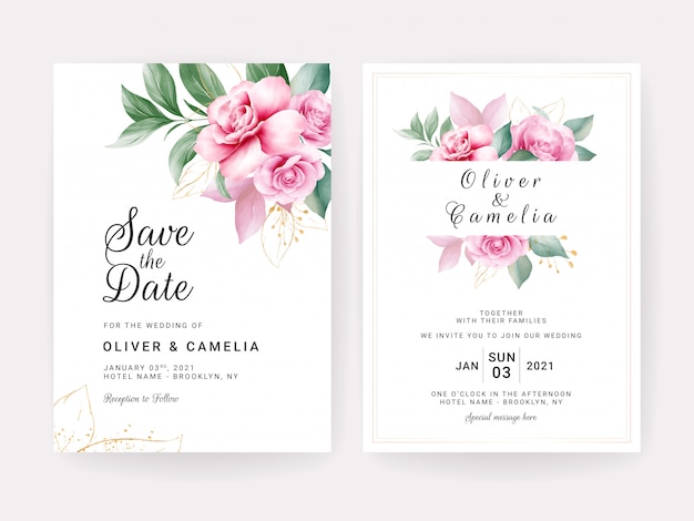 Plantilla de tarjeta de invitación de boda con acuarela arreglos florales y borde.