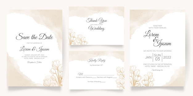 Plantilla de tarjeta de invitación de boda acuarela con decoración floral dorada