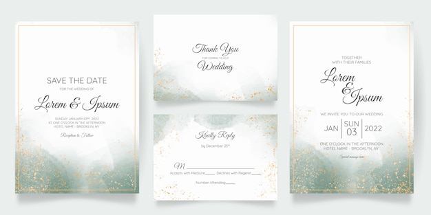 Plantilla de tarjeta de invitación de boda acuarela con decoración floral dorada