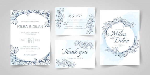 Plantilla de tarjeta de invitación de boda acuarela con decoración floral dorada