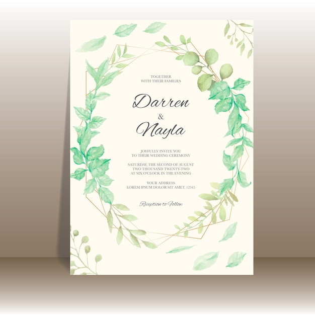 Vector plantilla de tarjeta de invitación de boda en acuarela con decoración de hojas